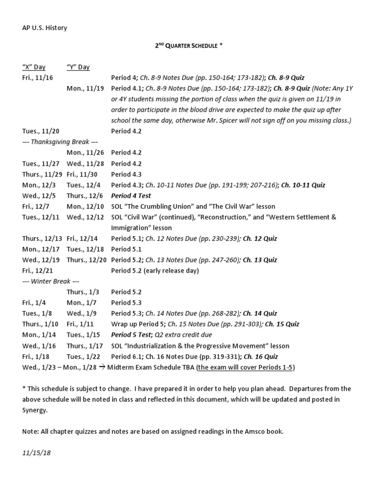 Period 5 Test Q2 Extra Credit Due: Uarter Chedule | PDF