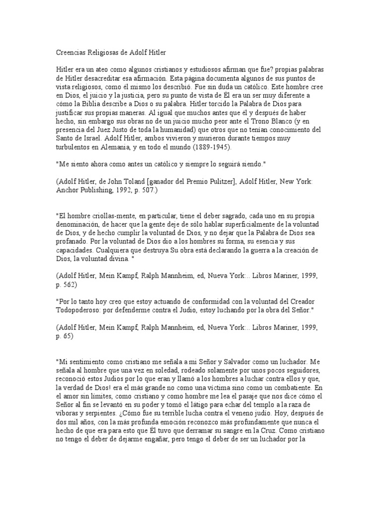 Creencias Religiosas de Adolf Hitler PDF Adolf Hitler nazismo