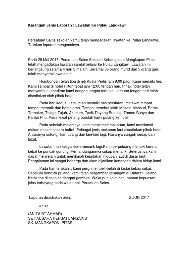 Karangan Jenis Laporan Lawatan Ke Pulau Langkawi