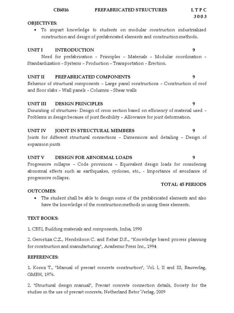 Ce6016 Prefabricated Structures L T P C
