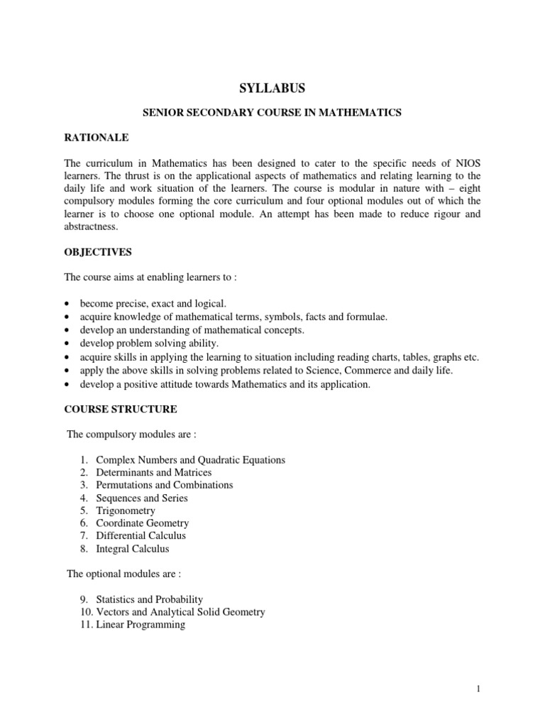 NIOS Senior Secondary Mathematics Syllabus | PDF | Determinant | Matrix ...