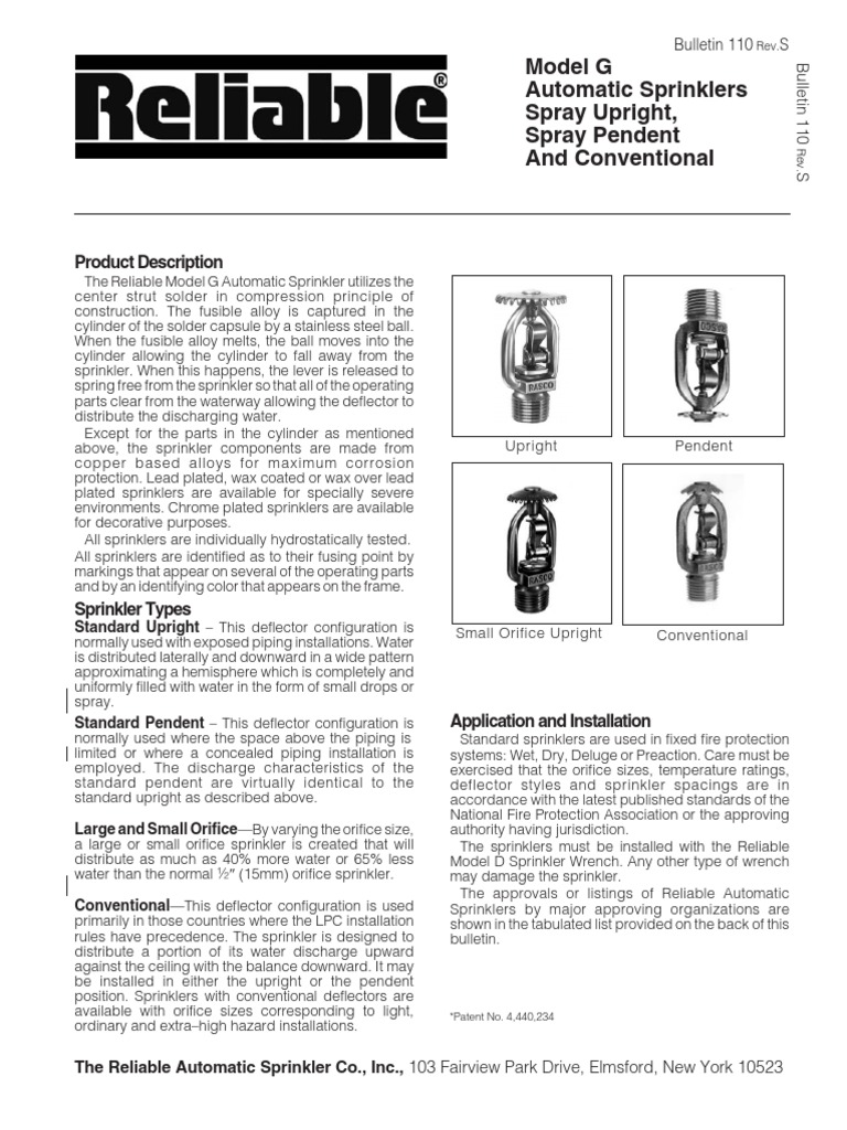 Model G Automatic Sprinklers Spray Upright, Spray Pendent and