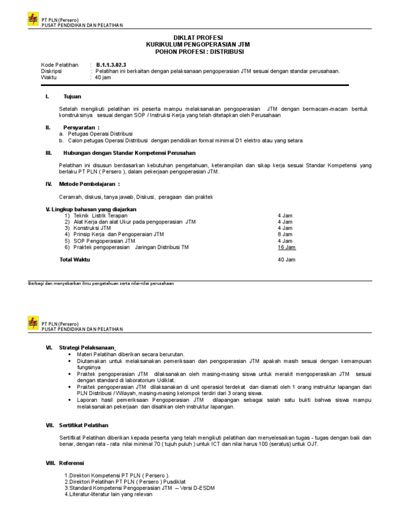 Diklat Profesi Kurikulum Pengoperasian JTM Pohon Profesi: Distribusi | PDF
