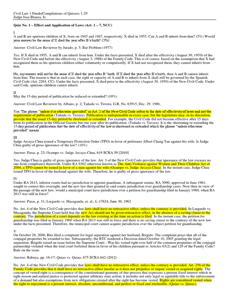 Civil Law Quiz Compilation Analysis | PDF | Will And Testament