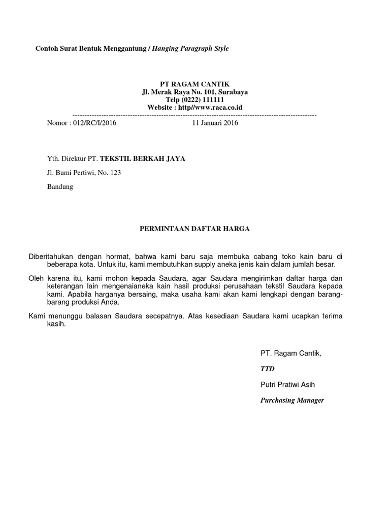 Contoh Surat Bentuk Menggantung