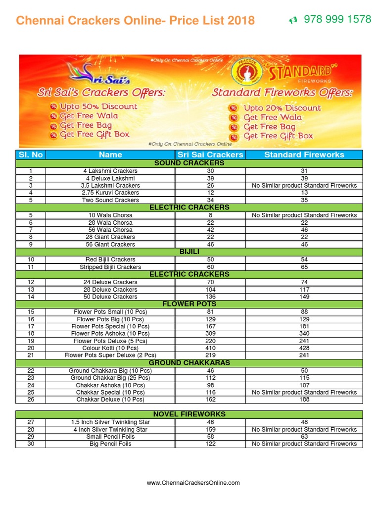 Diwali Crackers Price List 2018 Fireworks Pyrotechnics