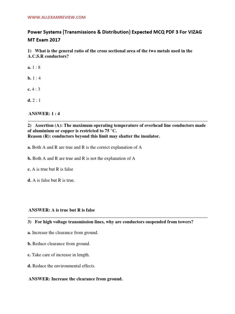 Power Systems Transmissions & Distribution Expected MCQ PDF