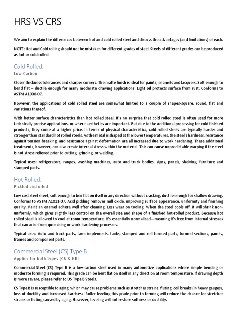 HRS VS CRS | PDF | Rolling (Metalworking) | Steel