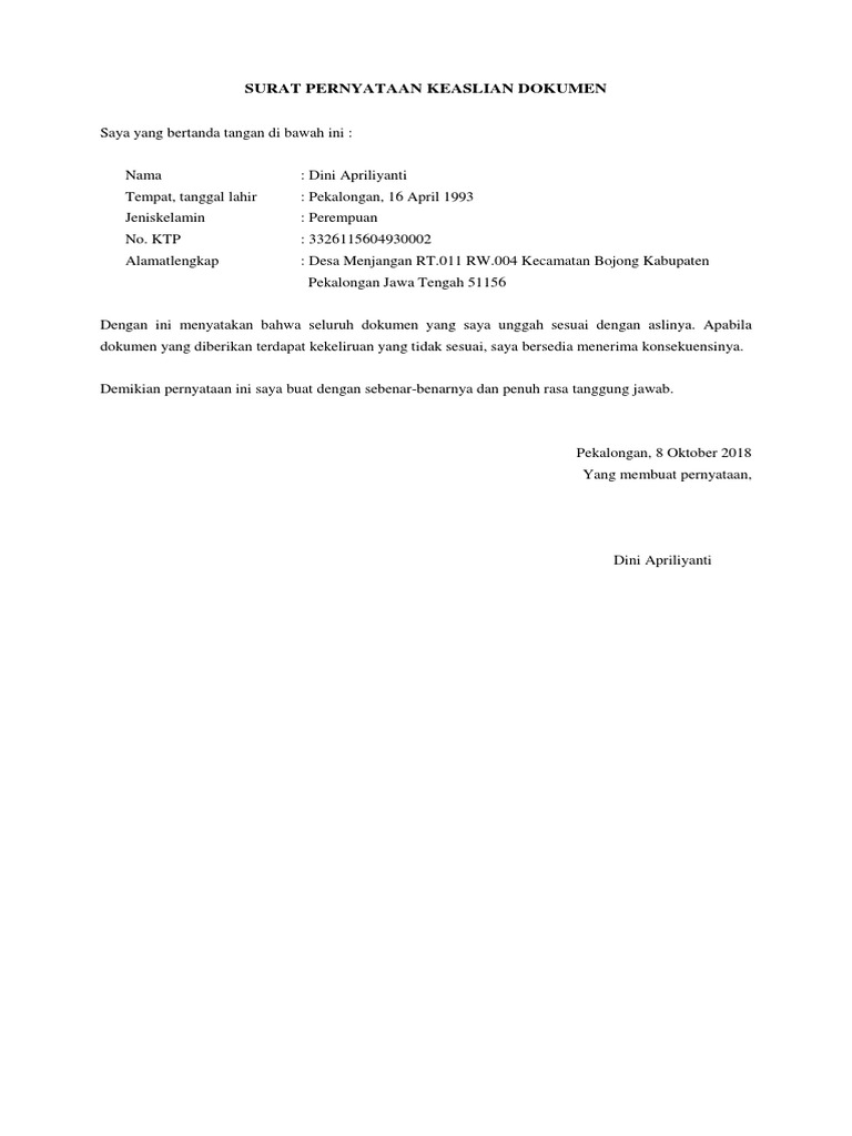Contoh Surat Pernyataan Keaslian Skripsi / Contoh Surat Pernyataan