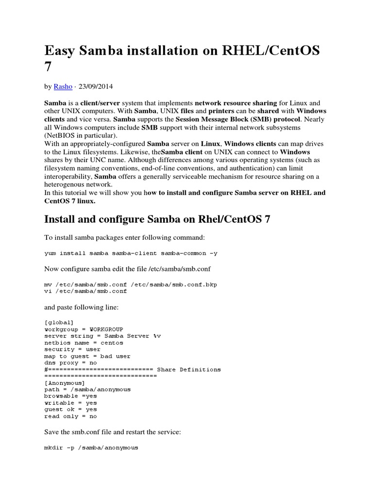 Install Samba on RHEL/CentOS 7 Guide | PDF | Internet Protocols | Computing