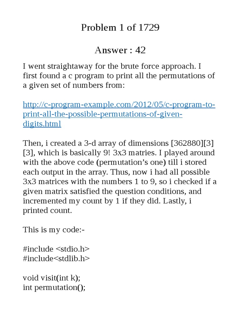 Problem 1 of 1729 Answer: 42: Print-All-The-Possible-Permutations-Of ...