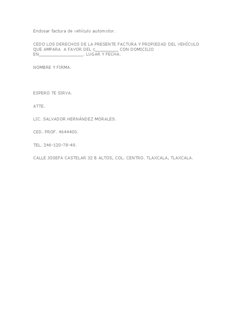 Ejemplo de Endoso de Factura de Vehículo | PDF