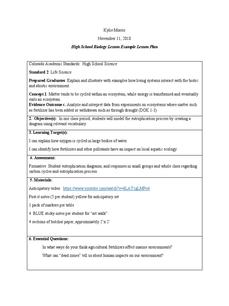 Example High School Biology Lesson Plan PDF Ecosystem Eutrophication