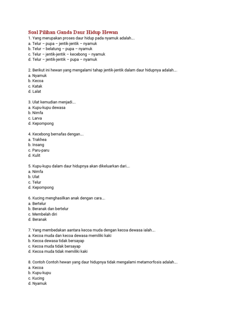 Soal Daur Hidup Hewan