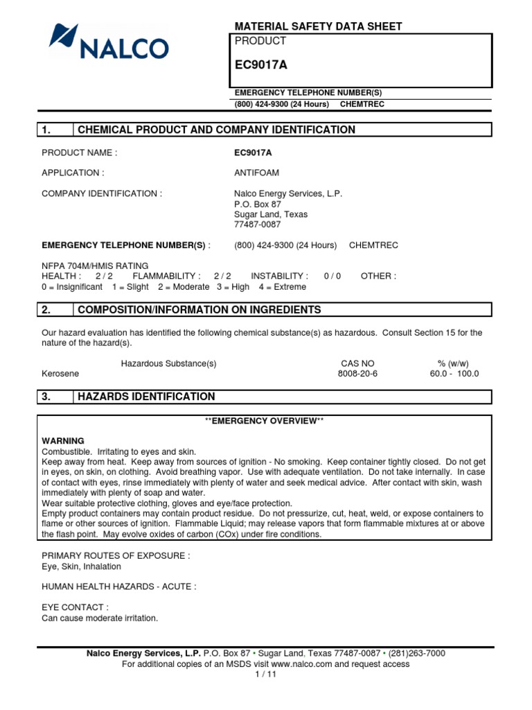AntifoamNALCO EC9017AMSDS.pdf Hazardous Waste Dangerous Goods