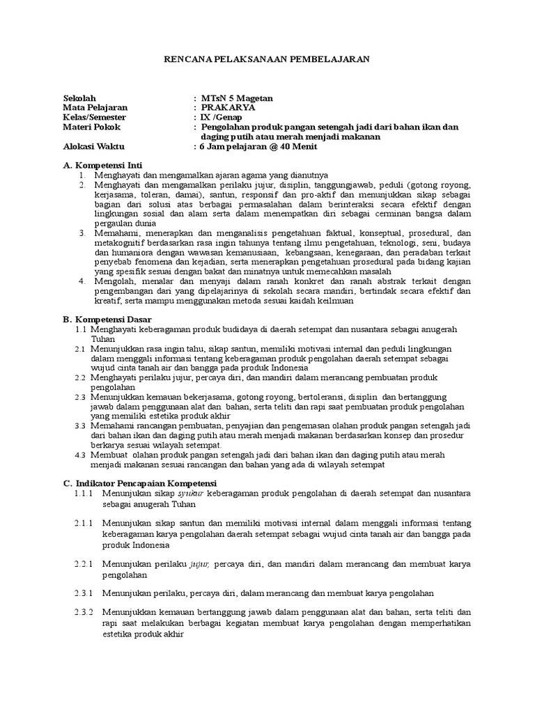 Rpp Prakarya Kls 9 Smt 2 Pengolahan Kd 3
