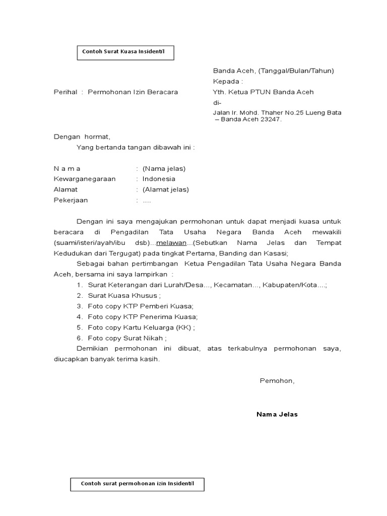 Contoh surat kuasa insidentil Fachrunnisa Rangkuti binti Bahrum.