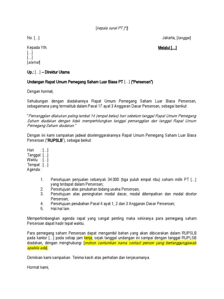 Undangan Rapat Umum Pemegang Saham Luar Biasa | PDF