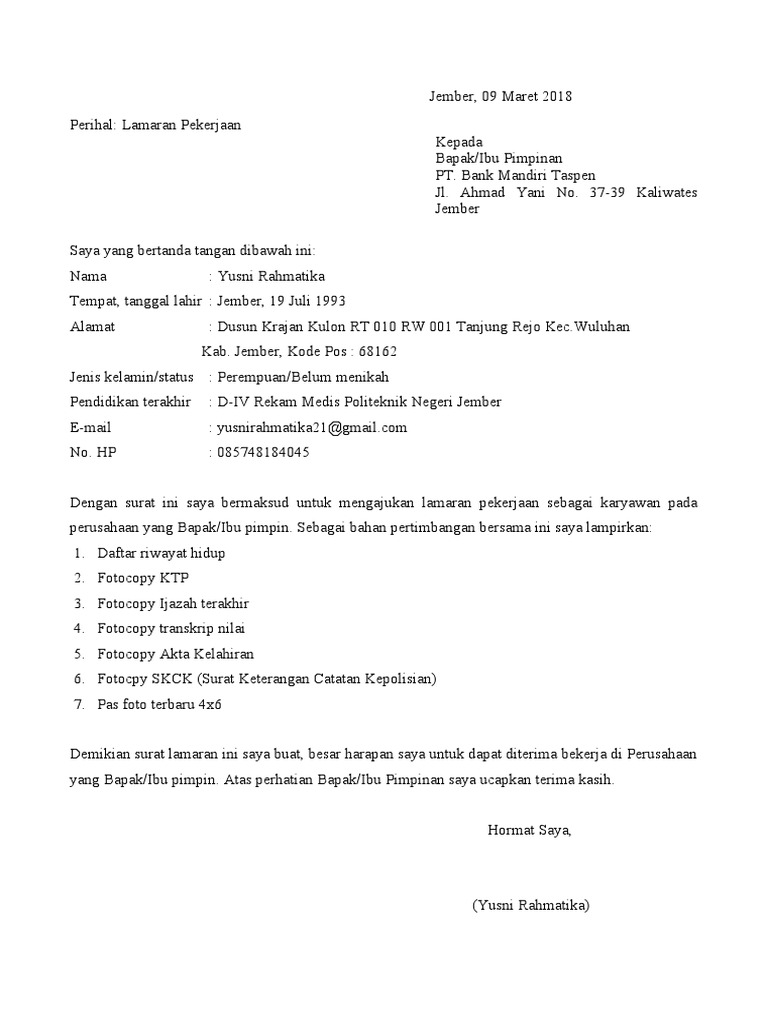 Contoh Surat Lamaran Kerja Ke Bank Mandiri Taspen Id Lif Co Id