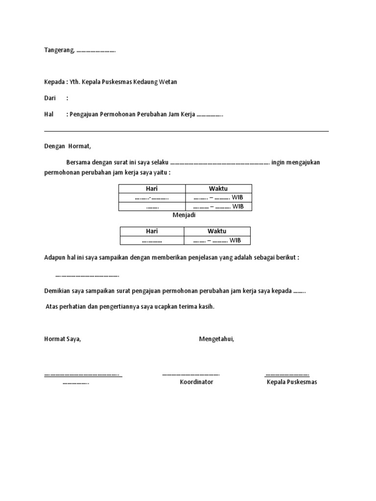 Surat Permohonan Ganti Jam Kerja