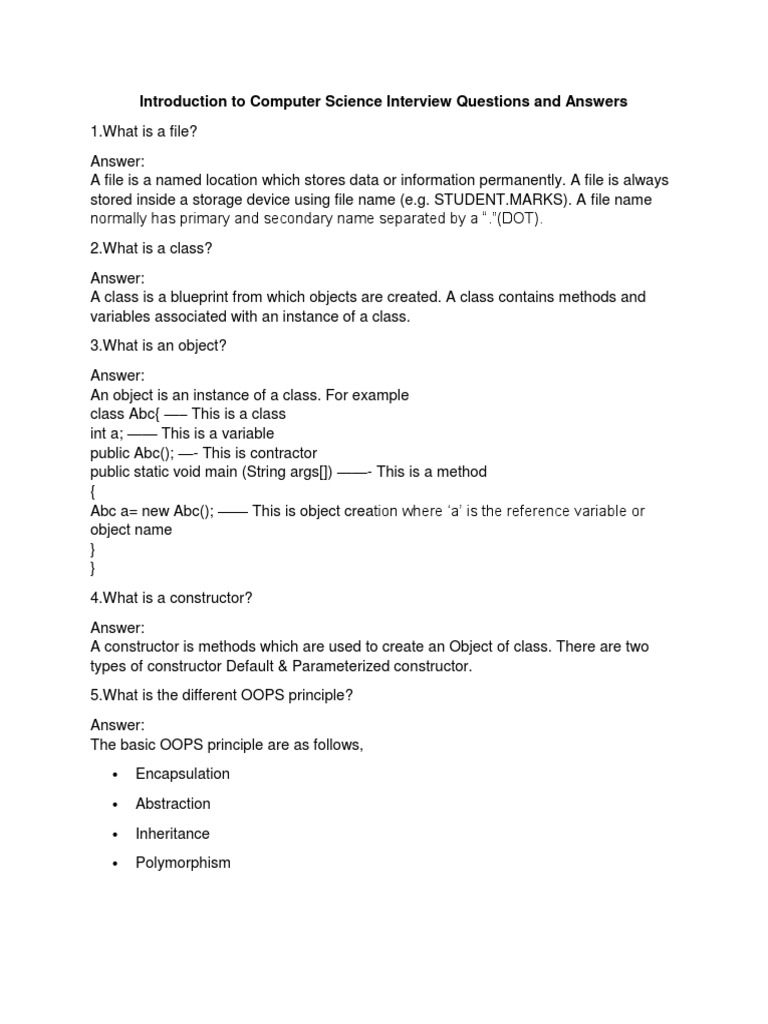 Introduction To Computer Science Interview Questions and Answers | PDF ...