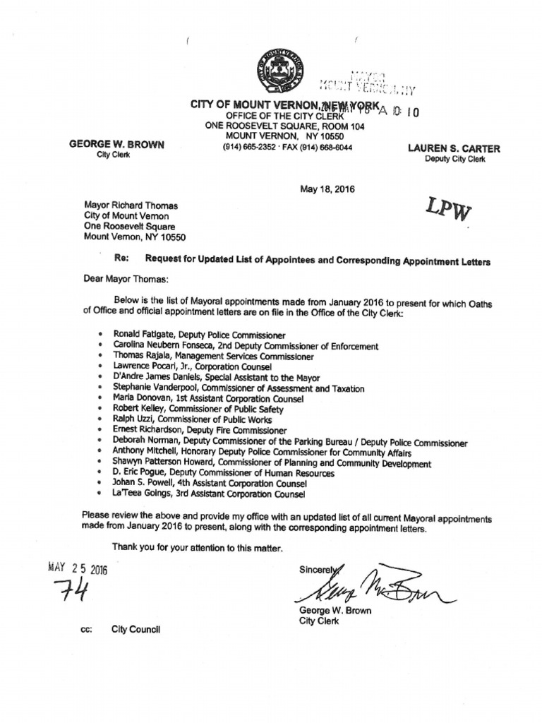 Mount Vernon City Clerk Letters That Joseph Spiezio Was Not Sworn in