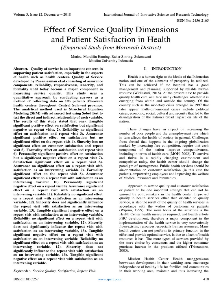 Effect of Service Quality Dimensions and Patient Satisfaction in Health ...