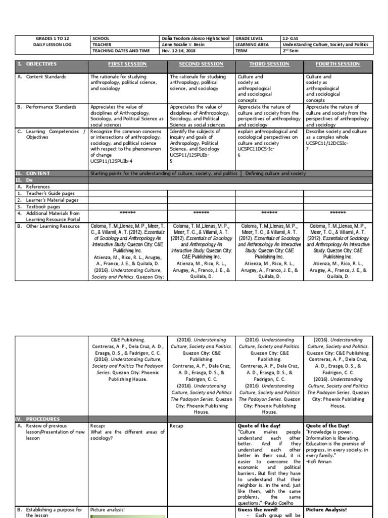 Daily Lesson Log: UCSP Grade 12 | PDF | Sociology | Anthropology