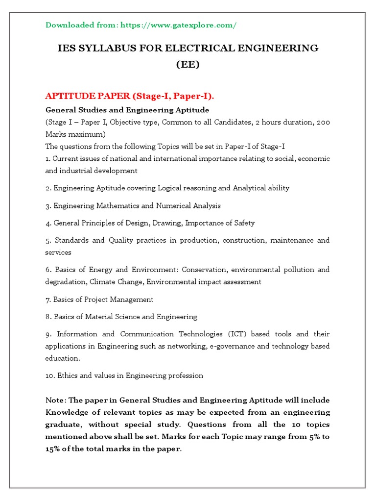 Ies Syllabus For Electrical Engineering (EE) : APTITUDE PAPER (Stage-I ...