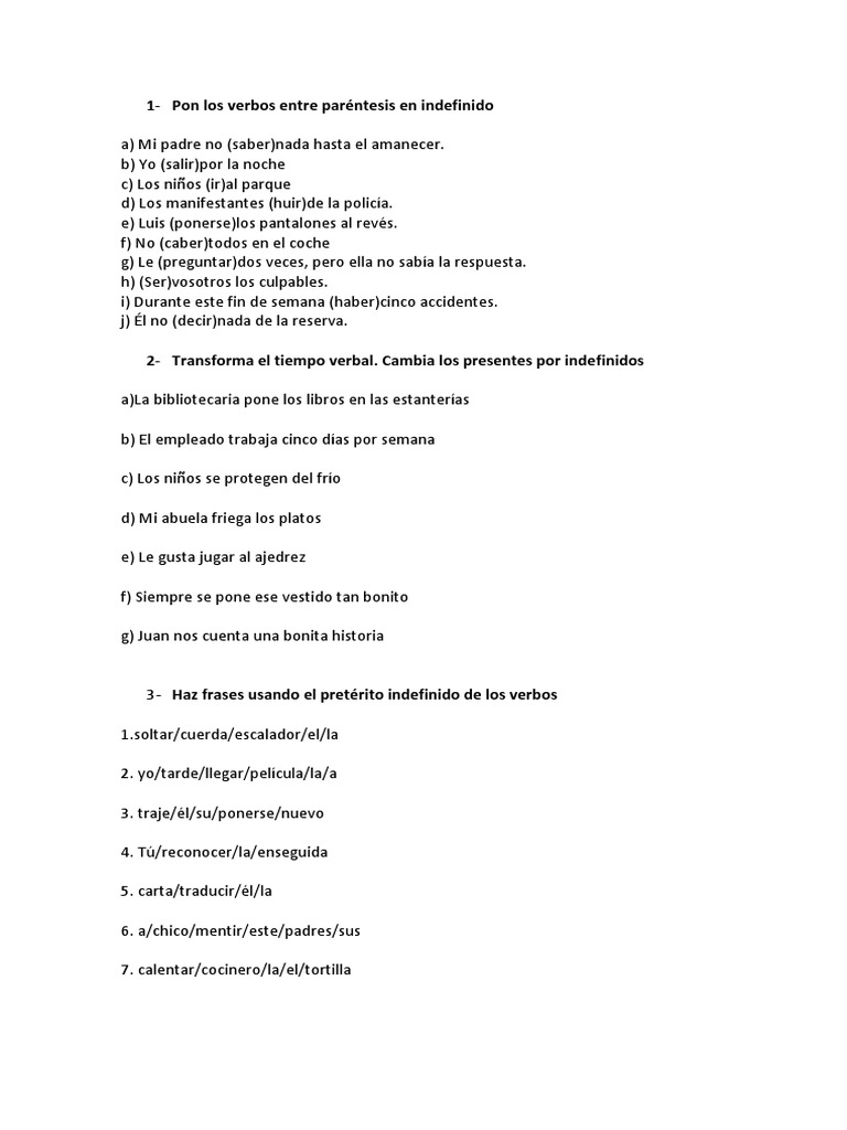Ejercicios de Pretérito Indefinido | PDF | Artes del Lenguaje y ...
