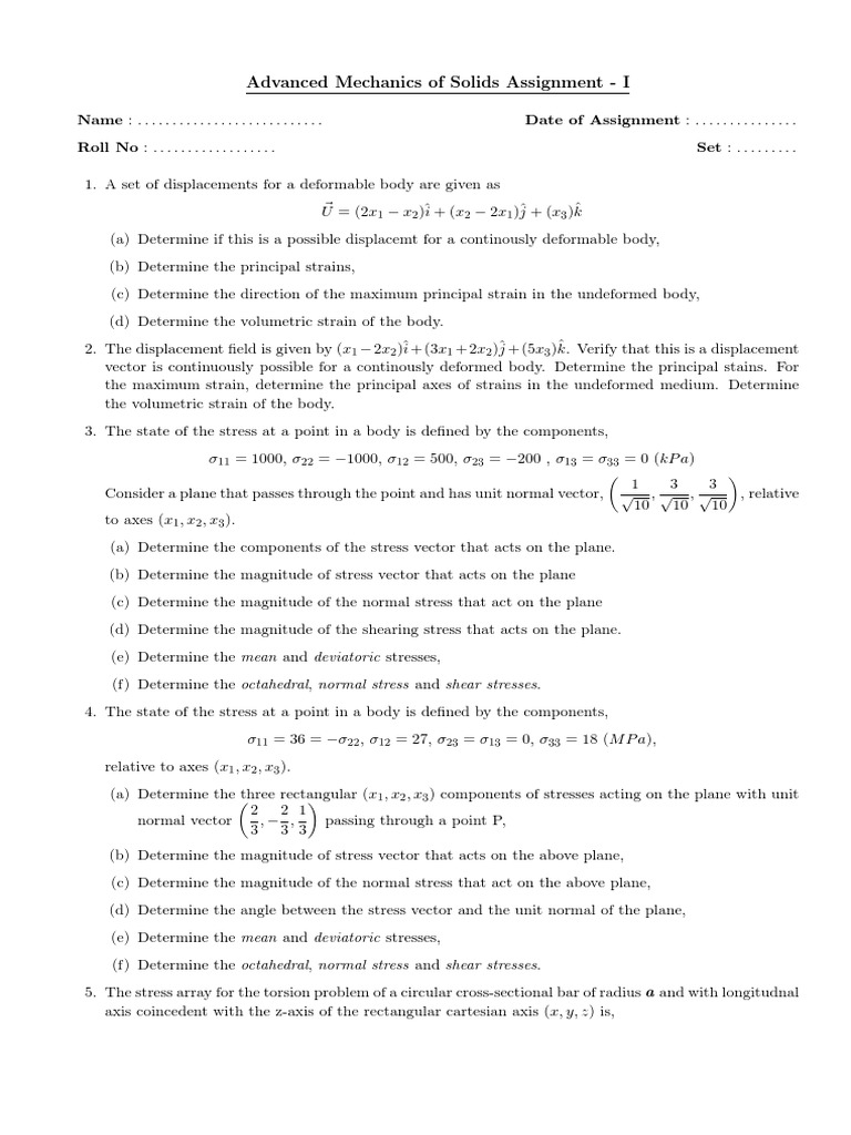 Advanced Mechanics of Solids Assignment | PDF | Stress (Mechanics ...