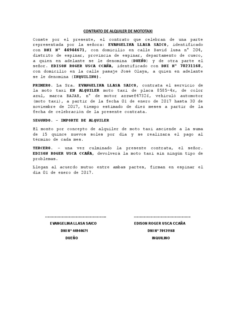 Contrato de Alquiler de Mototaxi | PDF