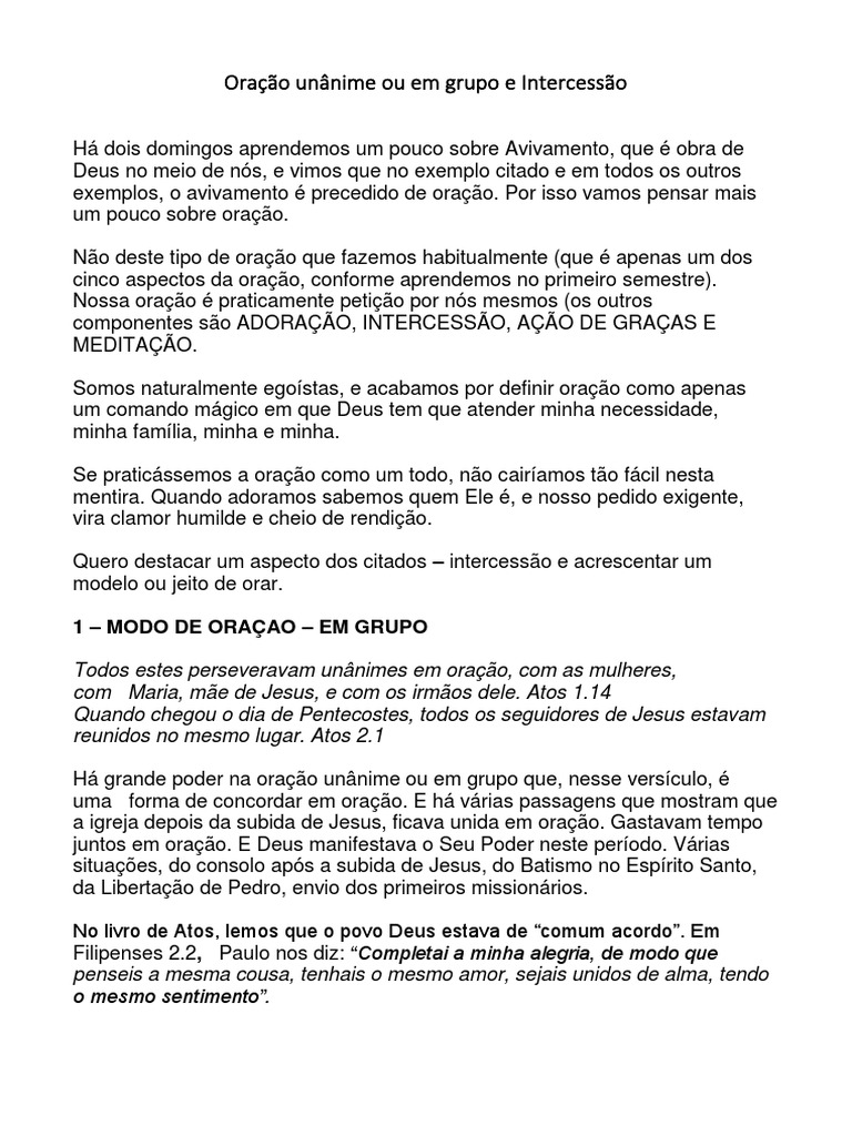 Oração Unânime e Intercessão em Grupo | PDF | Oração | Comportamento e ...