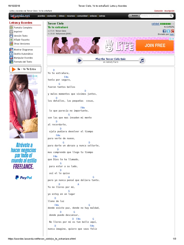 Tercer Cielo Yo Te Extranare Letra Y Acordes Musica Grabada Ocio