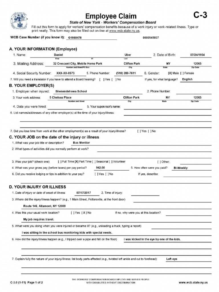 Employee Claim for Workers' Compensation | PDF | Emergency Department ...