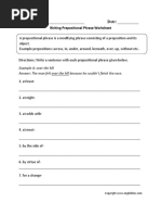 Writing Prepositional Phrase Worksheet