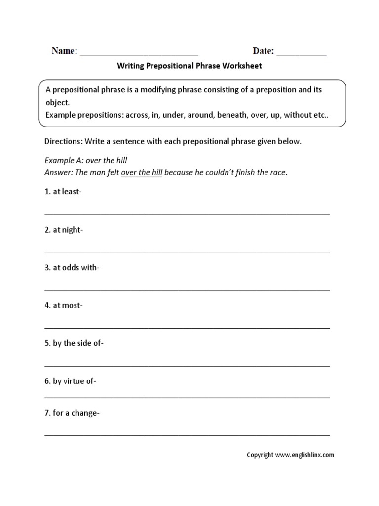 Prepositional Phrase Worksheet 1 Answers Underlining