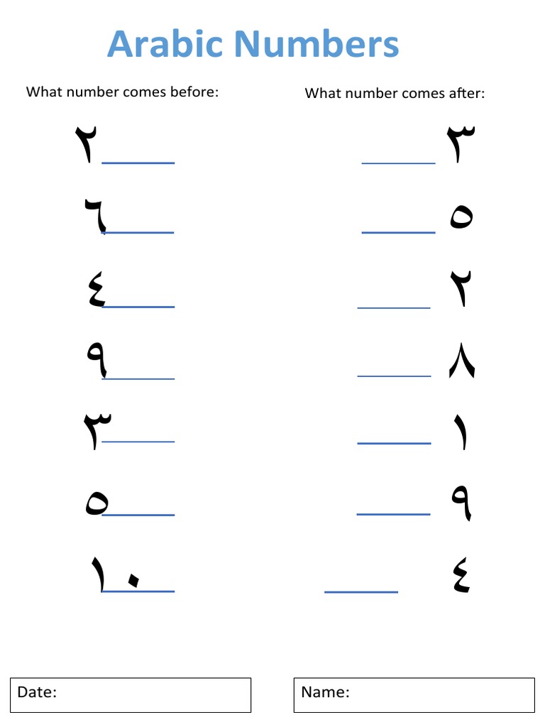 Arabic Numbers Fill in The Gaps PDF