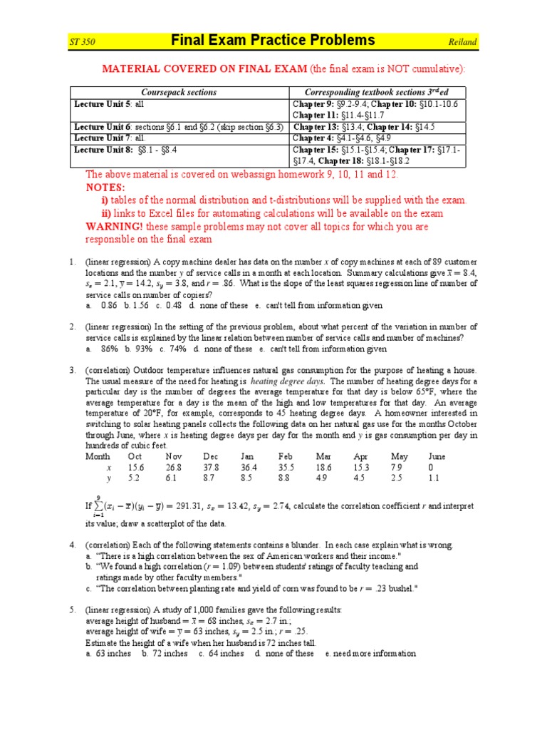 ST350 NCSU Practice Problems Final Exam PDF Errors And Residuals Confidence Interval