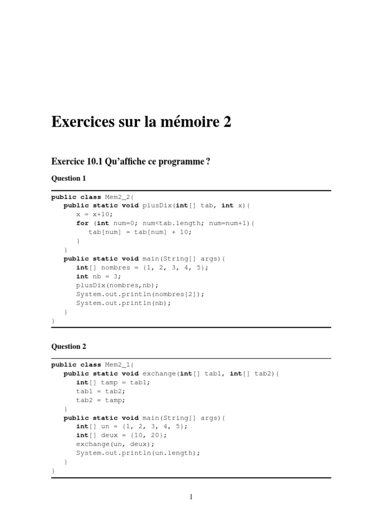 Exercices de mémoire en Java 2 | PDF | Informatique et technologies de ...