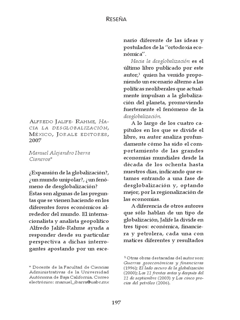 Alfredo JalifeRahme Hacia La Desglobalizacion PDF Globalización
