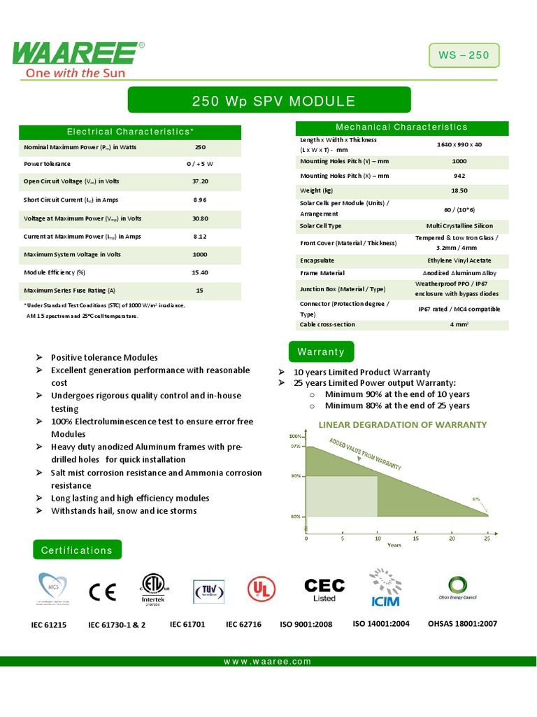 250W Solar Module Specifications | PDF | Solar Cell | Electrical ...
