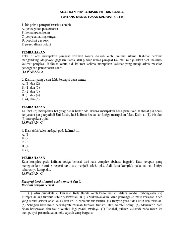 Soal B Indinesia Kls 5 Tentang Gagasan Pokok