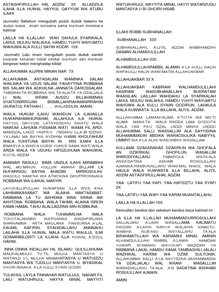 Zikir Wirid Panjang Sesudah Sholat Lafadz Latin