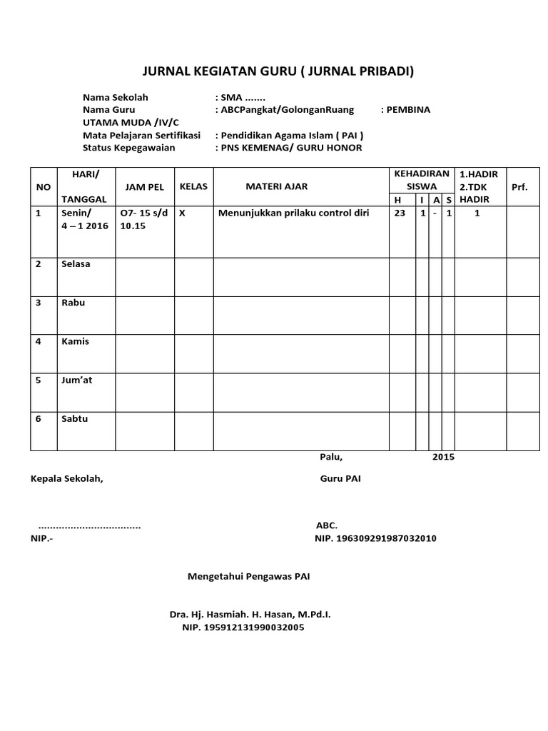 Agenda Harian Guru Mata Pelajaran Pai Cara Mengajarku
