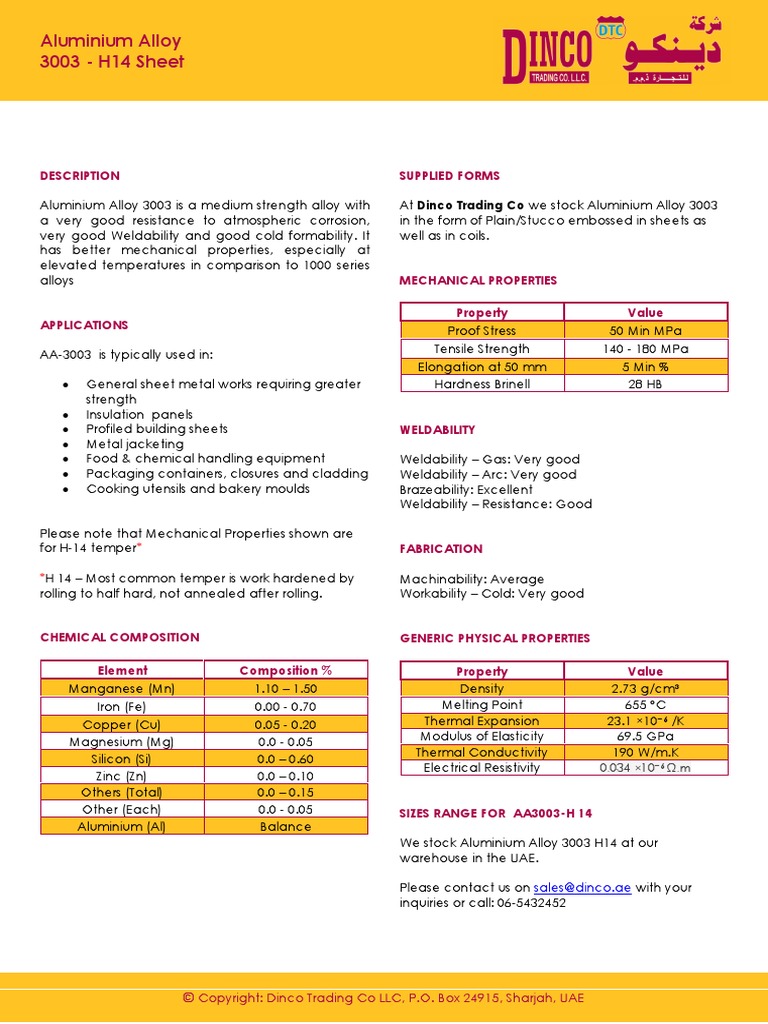 Aluminium Alloy 3003 Data Sheet | PDF | Alloy | Aluminium
