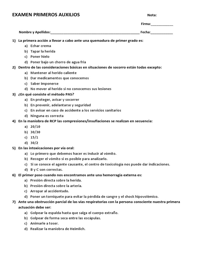 Examen Primeros Auxilios | Primeros auxilios | Reanimación cardiopulmonar
