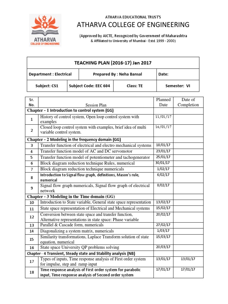 Electrical Engineering Teaching Plan 2016-17 | PDF | Control Theory ...