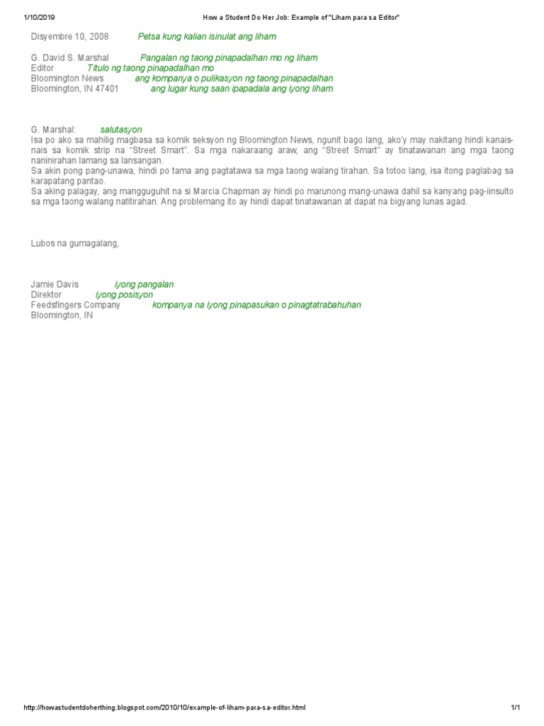 How A Student Do Her Job - Example of - Liham para Sa Editor | PDF