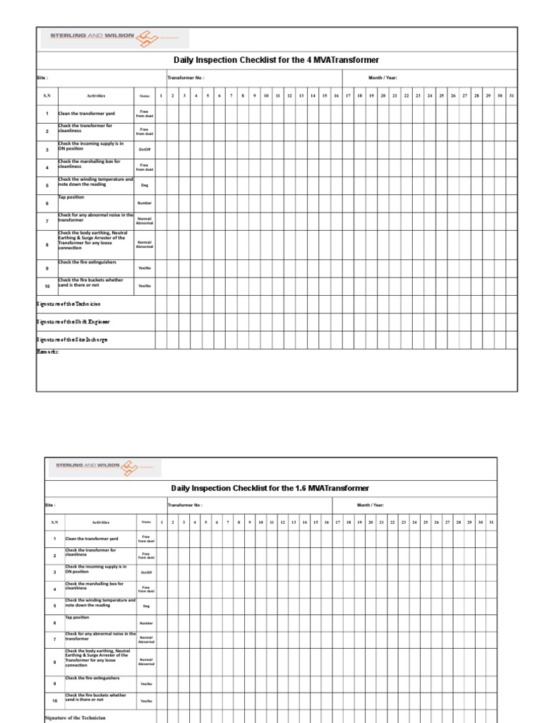 Daily Transformer Inspection Checklist | PDF | Transformer | Electrical ...
